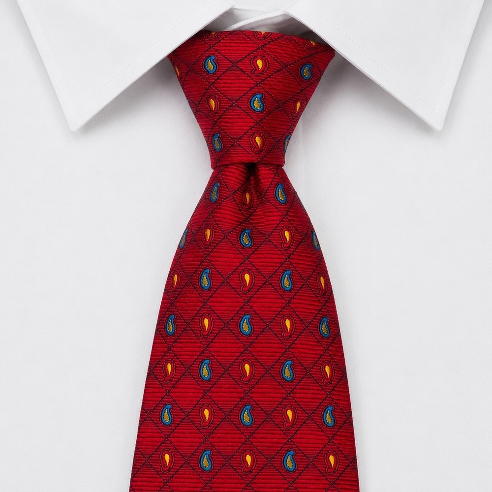 Harold Powell Silk Necktie Mens OS Red Paisley Diamond Handmade Italy Wide Tie
